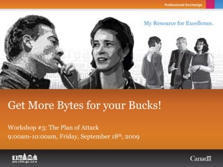 My Resource for Excellence.




Get More Bytes for your Bucks!
Workshop #3: The Plan of Attack
9:00am-10:00am, Friday, September 18th, 2009
 