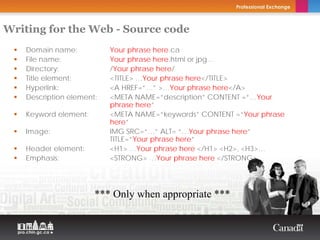 Writing for the Web - Source code
    Domain name:           Your phrase here.ca
    File name:             Your phrase here.html or jpg…
    Directory:             /Your phrase here/
    Title element:         <TITLE> …Your phrase here</TITLE>
    Hyperlink:             <A HREF=“…” >…Your phrase here</A>
    Description element:   <META NAME=“description” CONTENT =“…Your
                           phrase here”
    Keyword element:       <META NAME=“keywords” CONTENT =“Your phrase
                           here”
    Image:                 IMG SRC=“…” ALT= “…Your phrase here”
                           TITLE=“Your phrase here”
    Header element:        <H1> …Your phrase here </H1> <H2>, <H3>…
    Emphasis:              <STRONG> …Your phrase here </STRONG>




                       *** Only when appropriate ***
 