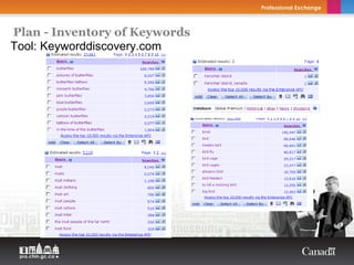 Plan - Inventory of Keywords
Tool: Keyworddiscovery.com
 
