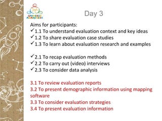 Day 3
Aims for participants:
1.1 To understand evaluation context and key ideas
1.2 To share evaluation case studies
1.3 To learn about evaluation research and examples
2.1 To recap evaluation methods
2.2 To carry out (video) interviews
2.3 To consider data analysis
3.1 To review evaluation reports
3.2 To present demographic information using mapping
software
3.3 To consider evaluation strategies
3.4 To present evaluation information
 