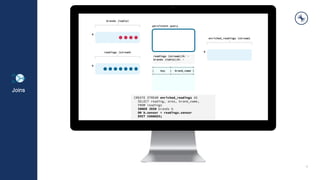 11
Joins
CREATE STREAM enriched_readings AS
SELECT reading, area, brand_name,
FROM readings
INNER JOIN brands b
ON b.sensor = readings.sensor
EMIT CHANGES;
 
