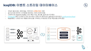 • 코딩이 필요 없는 경량 SQL 구문으로 스트림 처리 지원
• 실시간으로 데이터 스트림을 처리하는 가장 간단한 방법
• 기본적으로 Apache Kafka 기반: 확장 가능, 분산형, 실전 테스트 통과
• Conﬂuent에서 소유하고 유지 보수하는 커뮤니티 컴포넌트: github 리포지토리 conﬂuentinc/ksql
• ksqlDB는 스트림 처리 애플리케이션을 구축하는 데 필요한 운영 복잡성을 대폭 절감
ksqlDB: 이벤트 스트리밍 데이터베이스
5
 