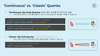 ‘Continuous’ vs. ‘Classic’ Queries
9
• ‘Continuous’ aka Push Queries: EMIT 절은 쿼리를 영구적으로 실행
• 생각: 클라이언트가 쿼리를 실행하고 실시간으로 변경되는 결과를 구독할 수 있습니다.
-- Table의 데이터를 지속적으로 조회하고 쿼리가 계속 실행됨
SELECT * FROM myTable WHERE ... EMIT CHANGES
-- Stream의 데이터를 지속적으로 조회하고 쿼리가 계속 실행됨
SELECT * FROM myStream WHERE ... EMIT CHANGES
앱
-- Table의 데이터를 한 번 조회한 후 쿼리 종료
SELECT * FROM myTable WHERE ...
앱
• ‘Classic’ aka Pull Queries * 최근에 추가된 ksqlDB 기능
• 생각: 클라이언트가 테이블의 현재 내용(상태)을 가져올 수 있습니다.
 