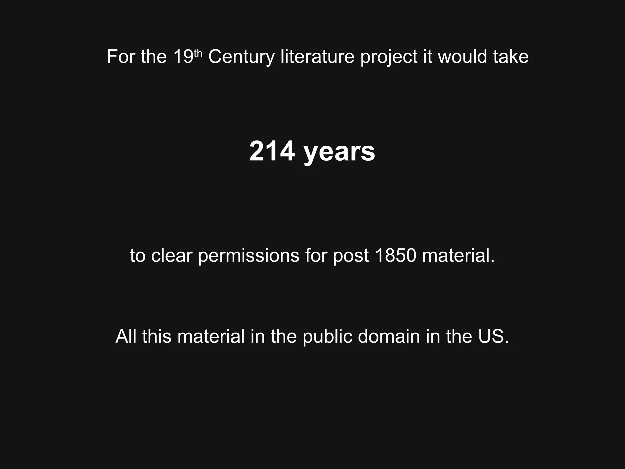For the 19 th  Century literature project it would take  214 years to clear permissions for post 1850 material. All this material in the public domain in the US. 