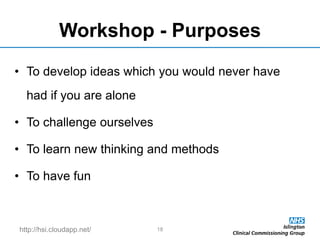 http://hsi.cloudapp.net/
Workshop - Purposes
• To develop ideas which you would never have
had if you are alone
• To challenge ourselves
• To learn new thinking and methods
• To have fun
18
 