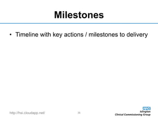 http://hsi.cloudapp.net/
Milestones
• Timeline with key actions / milestones to delivery
36
 