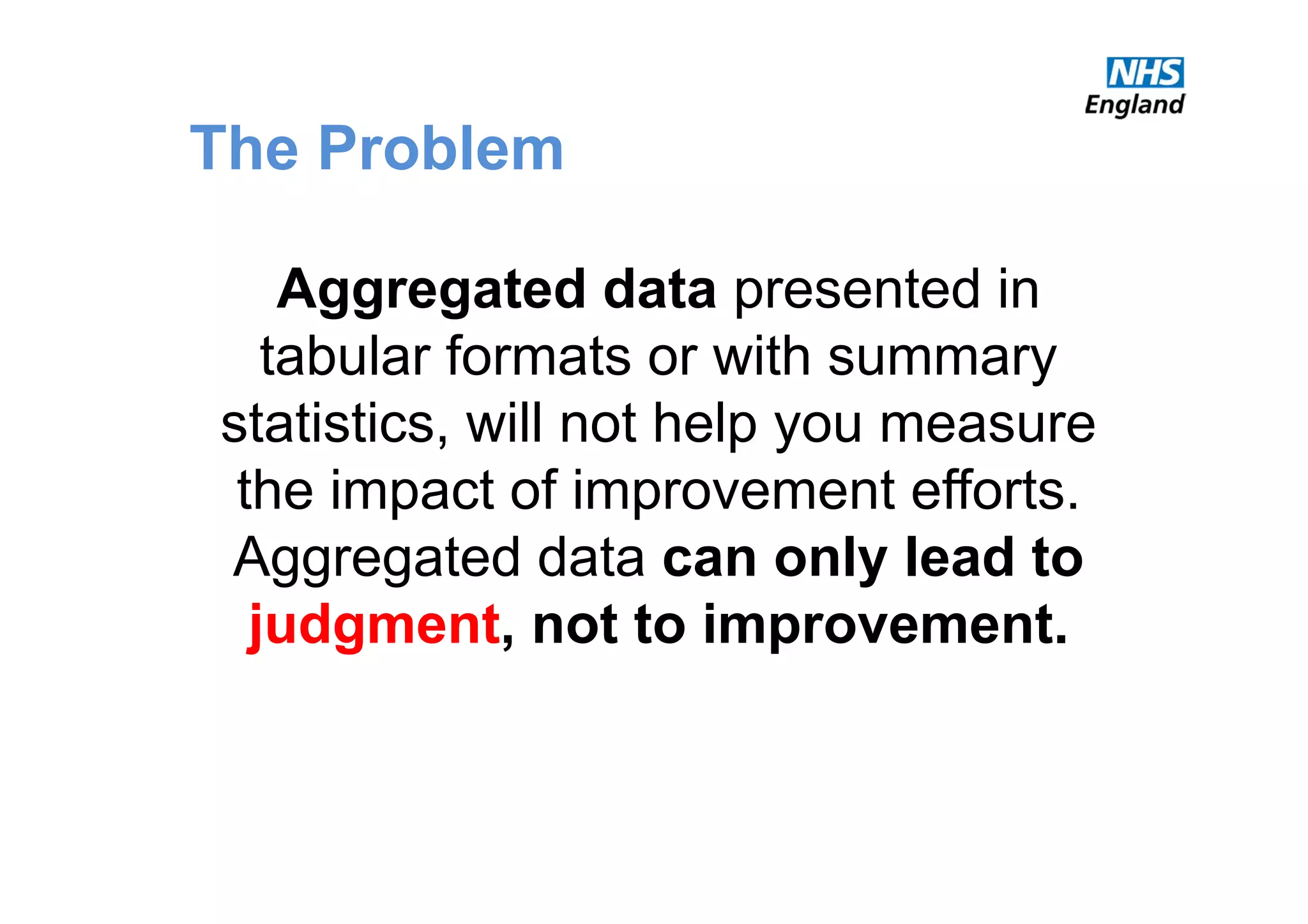 The Problem
Aggregated data presented in
tabular formats or with summary
statistics, will not help you measure
the impact of improvement efforts.
Aggregated data can only lead to
judgment, not to improvement.
 