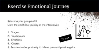Exercise Emotional Journey
Return to your groups of 3
Draw the emotional journey of the interviewee
1. Stages
2. Touchpoints
3. Emotions
4. Quotes
5. Moments of opportunity to relieve pain and provide gains
15 min
 