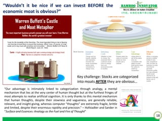 18
《竹经：经商经世离不得立根创新》
nnovatorBamboo
R.E.S.-ilience in Value Creation
Lollapalooza! How Do Buffett-Like Value Investors Use
Tipping Point? Different Tipping Points in Business Models
Extreme success is
likely to be caused by
some combination of
the following factors
Extreme maxi/ mini of one or two variables
Extreme of good performance over many factors
Catching and riding some sort of big wave
Lollapalooza
“Adding success factors, so that a bigger
combination drives success, often in non-
linear fashion, as one is reminded by the
concept of breakpoint and the concept of
critical mass in physics. Often, the results
are not linear. You get a little bit more mass,
and you get a lollapalooza result.”
 