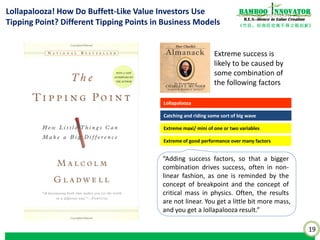 19
《竹经：经商经世离不得立根创新》
nnovatorBamboo
R.E.S.-ilience in Value Creation
Apple: Catalyst (Oct 2011, iPod) Vs Tipping Point (Apr 2003)
Up 68-fold since April 2003 to $410B
Dec 1996 – Sep 2001
Steve Jobs returns
Apple +49%
Nasdaq +32%
Oct 2001 – Mar 2003
Launch of iPod
Apple -26%
Nasdaq -16%
Apr 2003 – Now
Launch of iTunes
Apple +68X
Nasdaq +153%
Apple +126X
Nasdaq +17.8X
Tipping
Point!
Tipping Points?
1998:
S$100b
 