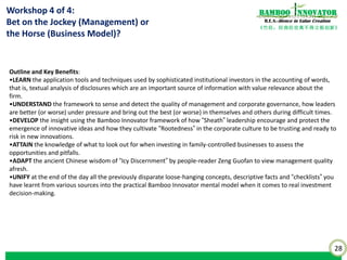 28
《竹经：经商经世离不得立根创新》
nnovatorBamboo
R.E.S.-ilience in Value Creation
“It has been an interesting and encouraging program. The program has encouraged me to
continue to pursue what I want to do for the company.”
Jismyl Teo Chor Khin, CEO of DMX Technologies Limited
“The content and substance of the Program is original, useful and important. This program
challenged me intellectually and helped me to think critically and learn more effectively.
Overall, I find the Program beneficial to me and my company (rated 5 out of 5).”
Sherlie Young, Senior Manager (Group Finance) of Gallant Ventures Limited
“The program gives a new and refreshing perspective of how companies can be successful
and it is backed by a lot of research with a practical, real-world approach.” “The Program
Director is approachable, authentic and helpful when sharing his insights. Overall, I would
highly recommend this Program to my colleagues and peers (rated 5 out of 5).”
Danny Tan, Manager (Group Finance) of Gallant Ventures Limited
“It is an eye opener for me. With this seminar, I can learn about how companies scale up
successfully.”
Ratnawati, Corporate Accounts Manager of Gallant Ventures Limited
“I have increased my knowledge as a result of taking this Program.” “Overall, I find the
Program beneficial to me and my company and I would highly recommend this Program to
my colleagues and peers (rated 5 out of 5).”
Sun Yi, Managing Director of Sunnic Pte Ltd
Some Testimonial From Corporate Workshop
 