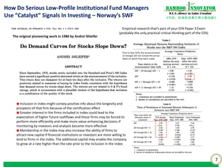 7
《竹经：经商经世离不得立根创新》
nnovatorBamboo
R.E.S.-ilience in Value Creation
How Do Serious Low-Profile Institutional Fund Managers
Use “Catalyst” Signals In Investing – Norway’s SWF
Inclusion in index might convey positive info about the longevity and
prospects of that firm because of the certification effect
Greater interest in the firms included in index could lead to the
expectation of higher future cashflows and these firms may be forced to
perform more efficiently and make more value-enhancing decisions if
monitoring by investors and analysts become more effective
Membership in the index may also increase the ability of firms to
attract new capital if financial institutions or investors are more willing to
lend to firms in the index. The additional capital may enable the company
to grow at a rate higher than the rate prior to the inclusion in the index
The original pioneering work in 1986 by Andrei Shleifer
Prior to Sep 1976, the announcement
of changes did not include the actual
dates on which they were made.
Empirical research that’s part of your CFA Paper 3 Exam
(probably the only practical critical thinking part of the CFA)
 