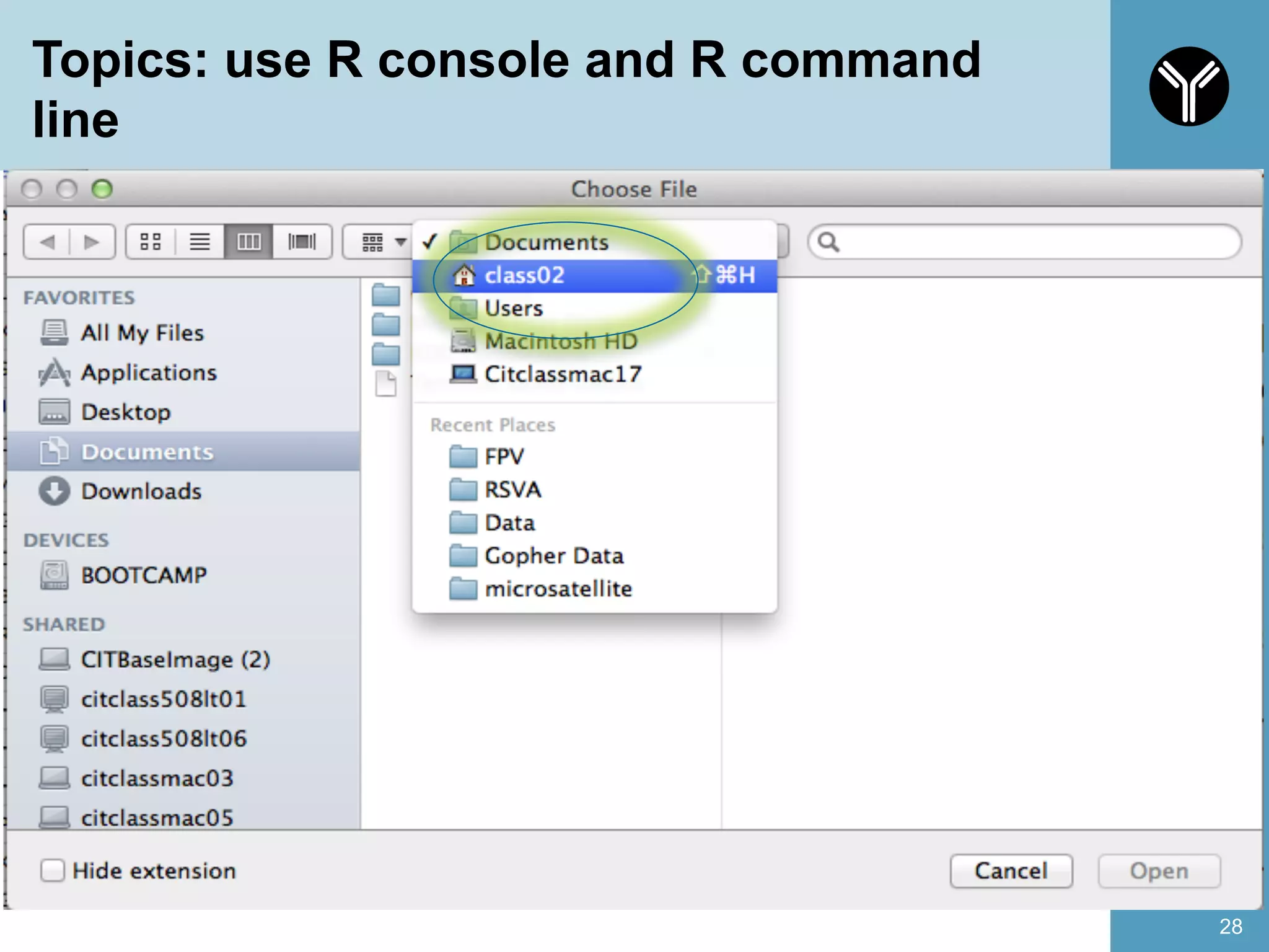 Topics: use R console and R command
line
28
 