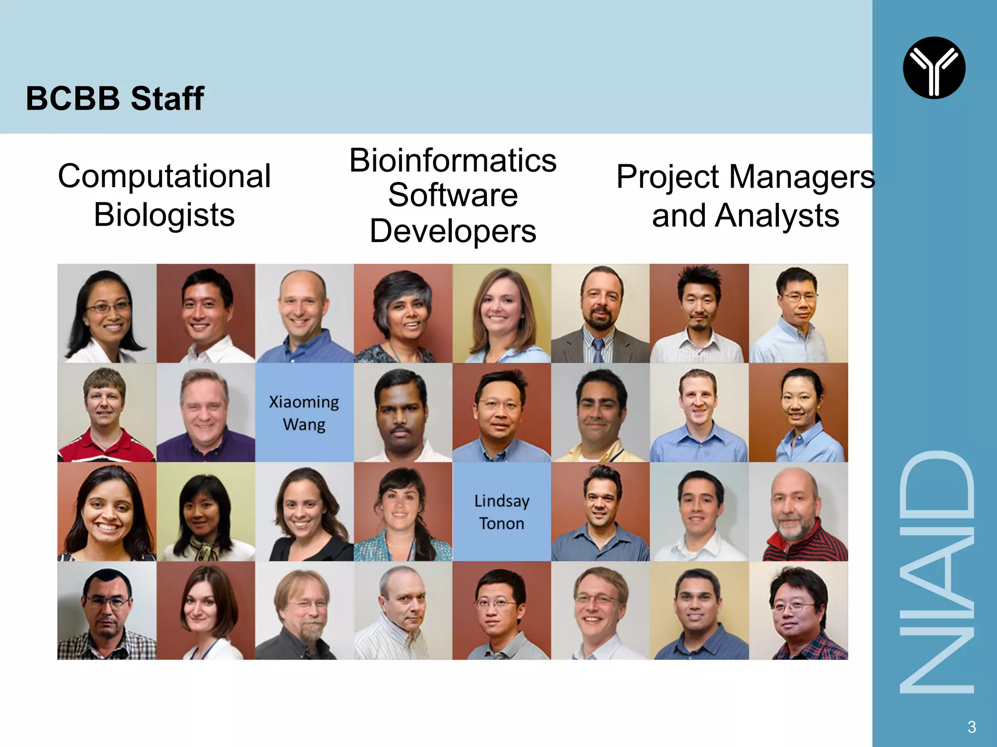 BCBB Staff
3
Bioinformatics
Software
Developers
Computational
Biologists
Project Managers
and Analysts
 