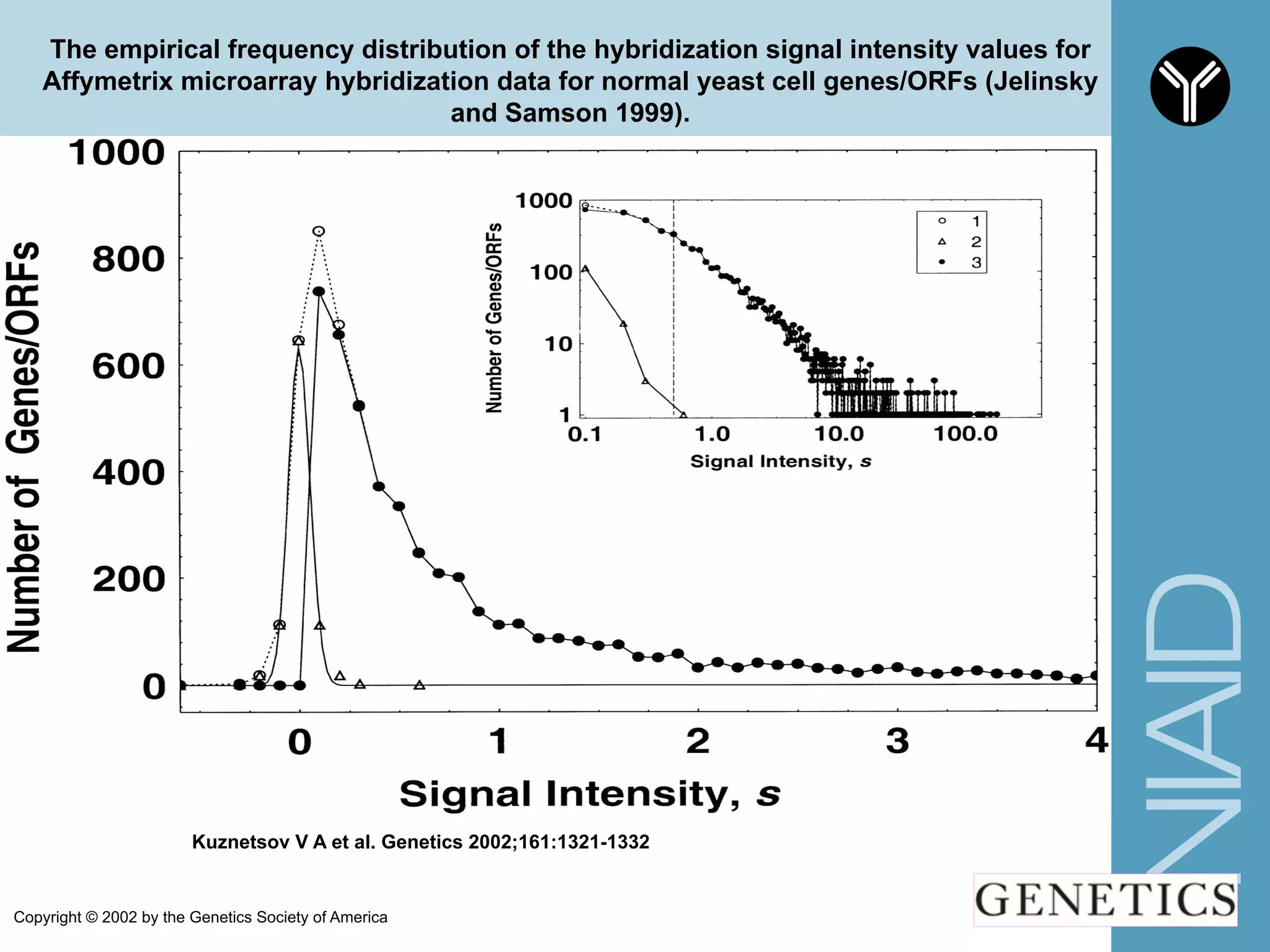 The empirical frequency distribution of the hybridization signal intensity values for
Affymetrix microarray hybridization data for normal yeast cell genes/ORFs (Jelinsky
and Samson 1999).
Kuznetsov V A et al. Genetics 2002;161:1321-1332
Copyright © 2002 by the Genetics Society of America
 