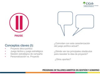 ¿Coinciden con esta caracterización
del juego político actual?
¿Dónde ven los principales obstáculos
para rescatar la idea de proyecto?
¿Otros aportes?
Conceptos claves (I):
• Proyecto ético-político
• Juego táctico y juego estratégico
• Gestión estratégica de campaña
• Personalización vs. Proyecto
PAUSE
 