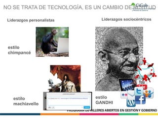 NO SE TRATA DE TECNOLOGÍA, ES UN CAMBIO DE ACTITUD
estilo
chimpancé
estilo
machiavello
estilo
GANDHI
Liderazgos personalistas Liderazgos sociocéntricos
 