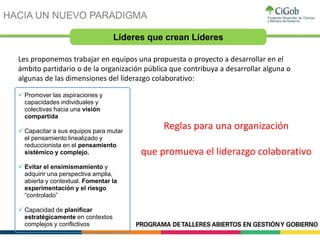 Líderes que crean Líderes
HACIA UN NUEVO PARADIGMA
 Capacitar a sus equipos para mutar
el pensamiento linealizado y
reduccionista en el pensamiento
sistémico y complejo.
 Promover las aspiraciones y
capacidades individuales y
colectivas hacia una visión
compartida
 Evitar el ensimismamiento y
adquirir una perspectiva amplia,
abierta y contextual. Fomentar la
experimentación y el riesgo
“controlado”
 Capacidad de planificar
estratégicamente en contextos
complejos y conflictivos
Les proponemos trabajar en equipos una propuesta o proyecto a desarrollar en el
ámbito partidario o de la organización pública que contribuya a desarrollar alguna o
algunas de las dimensiones del liderazgo colaborativo:
Reglas para una organización
que promueva el liderazgo colaborativo
 