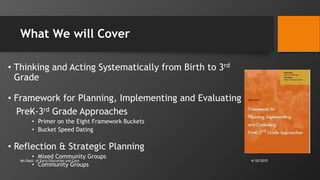 What We will Cover
• Thinking and Acting Systematically from Birth to 3rd
Grade
• Framework for Planning, Implementing and...