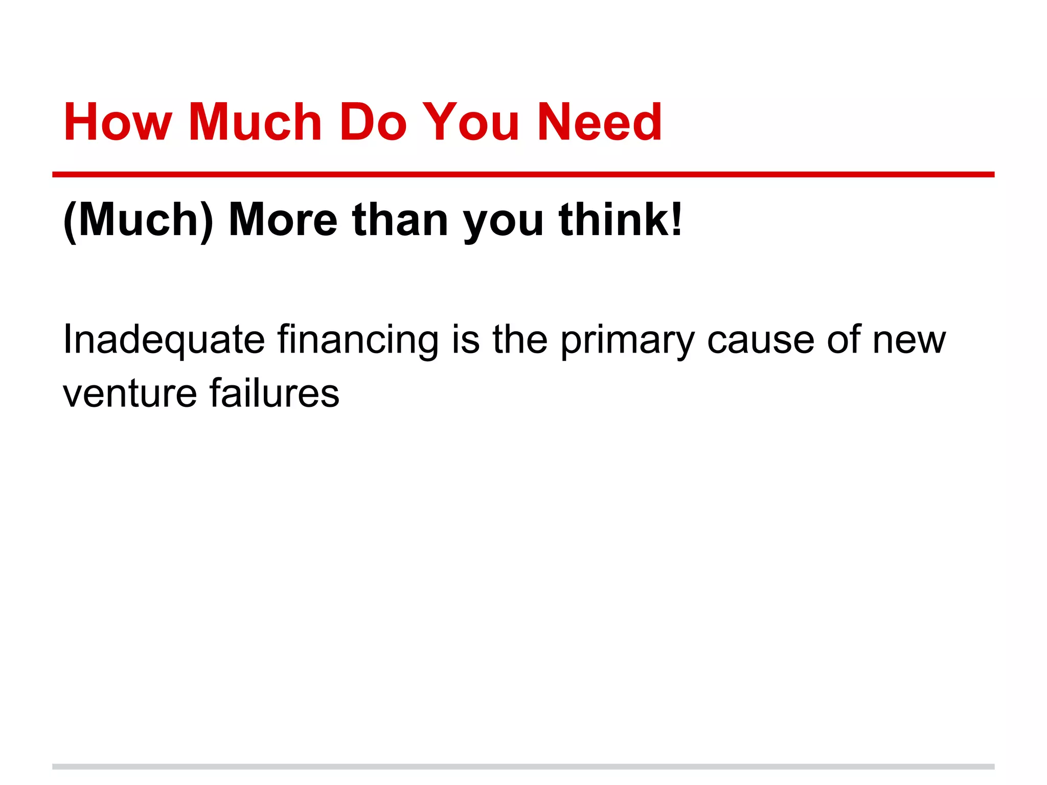 How Much Do You Need
(Much) More than you think!

Inadequate financing is the primary cause of new
venture failures
 