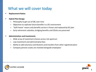 What we will cover today
 Replacement Ratios
 Hybrid Plan Design
– Philosophy to get out of DB; over time
– Objectives to replicate future benefits in a DC environment
– “Soft Freeze" means only benefits service is frozen and replaced by DC plan
– Early retirement subsidies, bridging benefits and COLAs are preserved
 Administration and Investments
– Wide array of investment choices across risk spectrum
– Low investment and administrative fees
– Ability to add voluntary contributions and transfers from other registered plans
– Company pension assets are invested alongside employees'
1
 