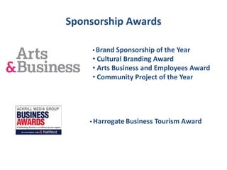 Sponsorship Awards

     • Brand Sponsorship of the Year
     • Cultural Branding Award
     • Arts Business and Employees Award
     • Community Project of the Year




    • Harrogate Business   Tourism Award
 