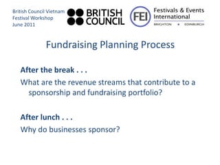 British Council Vietnam
Festival Workshop
June 2011


              Fundraising Planning Process

   After the break . . .
   What are the revenue streams that contribute to a
     sponsorship and fundraising portfolio?

   After lunch . . .
   Why do businesses sponsor?
 