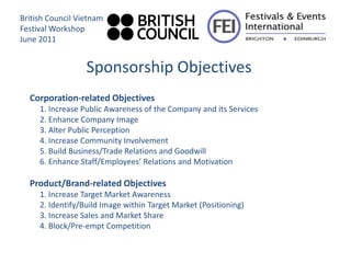 British Council Vietnam
Festival Workshop
June 2011


                  Sponsorship Objectives
  Corporation-related Objectives
     1. Increase Public Awareness of the Company and its Services
     2. Enhance Company Image
     3. Alter Public Perception
     4. Increase Community Involvement
     5. Build Business/Trade Relations and Goodwill
     6. Enhance Staff/Employees’ Relations and Motivation

  Product/Brand-related Objectives
     1. Increase Target Market Awareness
     2. Identify/Build Image within Target Market (Positioning)
     3. Increase Sales and Market Share
     4. Block/Pre-empt Competition
 