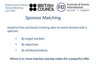 British Council Vietnam
Festival Workshop
June 2011


                    Sponsor Matching
 Good hit lists are based on being able to match festival with a
 sponsor:

          •     By target markets
          •     By objectives
          •     By attributes/values

    Where 2 or more matches overlap makes for a powerful offer
 
