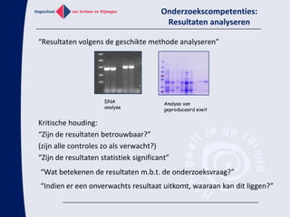 Elk onderzoek doorloopt de volgende cyclus (onafhankelijk van complexiteit)vraagstellingWat is al bekend en met welke methoden kan de vraagstelling beantwoord worden?Wat betekenen de resultaten m.b.t. de vraag: kennis van het vak en kritische onderzoekshoudingVakspecifieke onderzoekstechnieken:Analyseren en simuleren van biologische systemen