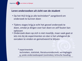 Afleiden onderzoekscompetenties van beroepsprofielLandelijke competentie: “Onderzoeken” uitgesplitst naar ‘Ontwerpen’, ‘Experimenteren’ en ‘Resultaten analyseren’ 