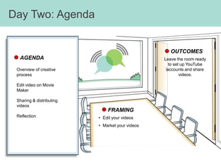 Day Two: Agenda


                                                    OUTCOMES
  AGENDA                                         Leave the room ready
                                                   to set up YouTube
 Overview of creative                             accounts and share
 process                                                 videos.

 Edit video on Movie
 Maker

 Sharing & distributing
 videos
                              FRAMING
 Reflection               • Edit your videos
                          • Market your videos
 