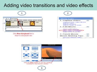 Adding video transitions and video effects
        1                    2




                 3
 