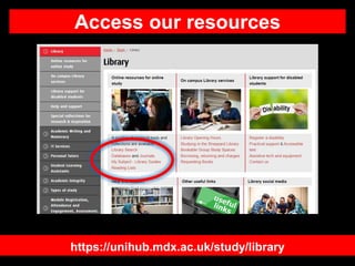 Access our resources
https://unihub.mdx.ac.uk/study/library
 