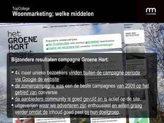 TopCollege Woonmarketing; welke middelen Bijzondere resultaten campagne Groene Hart : 4x meer unieke bezoekers  vinden buiten de campagne periode   via Google de website   de zomercampagne was  een de beste campagnes  van 2009 op het   gebied van  conversie de aanbieders community is goed gevuld en is  actief op de site.  uitgeverijen  waar we adverteren zijn  enthousiast  en willen graag   verder omdat de  inhoud goed past  bij hun doelgroep . 