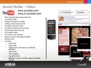 Social Media – Video
                      www.youtube.com
                                                         5- Contribute   Socialize
                      www.m.youtube.com
•    Most important Video sharing Web site
•    Launched in 2005
•    Owned by Google since 2006
•    3 billions video view per month
•    79 millions users per month
•    100 millions videos watch every day
•    50,000 videos add every day
•    83.4 millions videos
•    3.75 millions user channels
•    Revenue source: Advertising (Google)
•    Mobile version
•    Functions
       – View video
       – Build profile
       – Upload video (10minutes 1gb, 320x240,
             480x360/)
       – Share video
       – Video blogging
       – Tag within video
       – Director, musician,comedian, guru,non-profit,
             reporter.
 