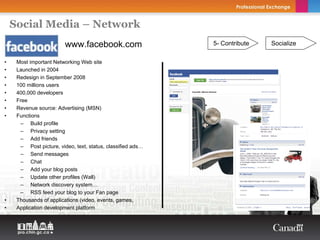 Social Media – Network
                         www.facebook.com                    5- Contribute   Socialize

•    Most important Networking Web site
•    Launched in 2004
•    Redesign in September 2008
•    100 millions users
•    400,000 developers
•    Free
•    Revenue source: Advertising (MSN)
•    Functions
      – Build profile
      – Privacy setting
      – Add friends
      – Post picture, video, text, status, classified ads…
      – Send messages
      – Chat
      – Add your blog posts
      – Update other profiles (Wall)
      – Network discovery system…
      – RSS feed your blog to your Fan page
•    Thousands of applications (video, events, games,
•    Application development platform
 