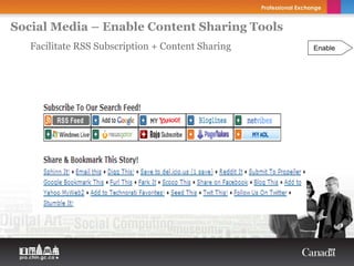 Social Media – Enable Content Sharing Tools
   Facilitate RSS Subscription + Content Sharing   Enable
 