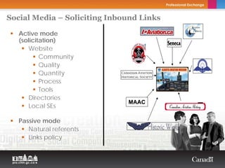 Social Media – Soliciting Inbound Links

   Active mode
   (solicitation)
      Website
           Community
           Quality
           Quantity
           Process
           Tools   Copyright Thierry Arsenault



      Directories
                                                 MAAC
      Local SEs

   Passive mode
      Natural referents
      Links policy
 