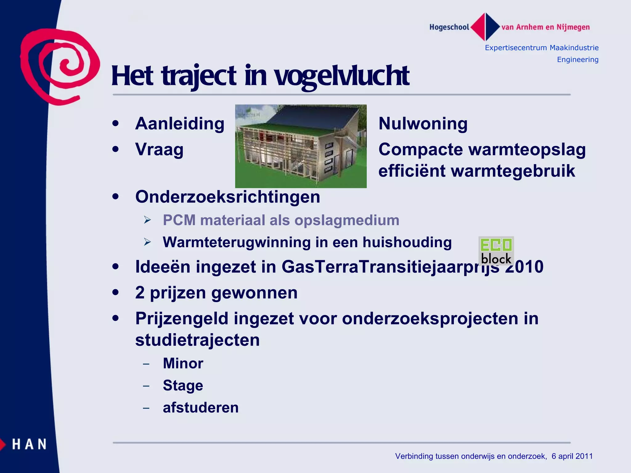 Het traject in vogelvlucht Aanleiding   Nulwoning Vraag   Compacte warmteopslag   efficiënt warmtegebruik Onderzoeksrichtingen PCM materiaal als opslagmedium Warmteterugwinning in een huishouding  Ideeën ingezet in GasTerraTransitiejaarprijs 2010 2 prijzen gewonnen Prijzengeld ingezet voor onderzoeksprojecten in studietrajecten Minor Stage afstuderen Expertisecentrum Maakindustrie Engineering Verbinding tussen onderwijs en onderzoek,  6 april 2011 