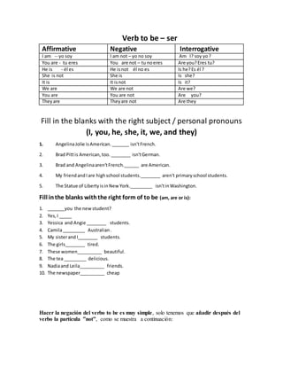 Verb to be – ser
Affirmative Negative Interrogative
I am -- yo soy I am not – yo no soy Am I? soy yo?
You are - tu eres You are not – tu noeres Are you?Eres tu?
He is - él es He isnot él no es Is he?Es él ?
She is not She is Is she?
It is It isnot Is it?
We are We are not Are we?
You are You are not Are you?
Theyare Theyare not Are they
Fill in the blanks with the right subject / personal pronouns
(I, you, he, she, it, we, and they)
1. AngelinaJolie isAmerican._______ isn'tFrench.
2. Brad Pittis American,too.________ isn'tGerman.
3. Brad and Angelinaaren'tFrench.______ are American.
4. My friendandIare highschool students.________ aren't primaryschool students.
5. The Statue of LibertyisinNew York._________ isn'tinWashington.
Fill inthe blanks withthe right form of to be (am, are or is):
1. _______you the newstudent?
2. Yes,I _____
3. Yessica and Angie ________ students.
4. Camila_________ Australian.
5. My sisterandI________ students.
6. The girls________ tired.
7. These women__________ beautiful.
8. The tea _________ delicious.
9. Nadiaand Leila__________ friends.
10. The newspaper__________ cheap
Hacer la negación del verbo to be es muy simple, solo tenemos que añadir después del
verbo la partícula ”not”, como se muestra a continuación:
 
