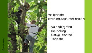 Veiligheid=
                        leren omgaan met risico’s

                        -   Valondergrond
                        -   Beknelling
                        -   Giftige planten
                        -   Toezicht
FRIS IN HET LANDSCHAP
 