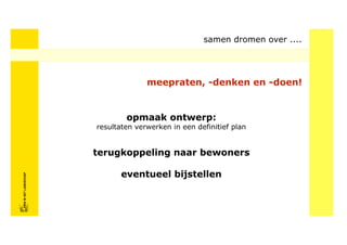 samen dromen over ....




                                          meepraten, -denken en -doen!


                                    opmaak ontwerp:
                            resultaten verwerken in een definitief plan


                            terugkoppeling naar bewoners
FRISFRIS IN HET LANDSCHAP




                                   eventueel bijstellen
     IN HET LANDSCHAP
 