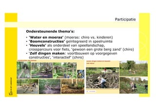 Participatie


                            Ondersteunende thema’s:
                            • ‘Water en moeras’ (moeras: chiro vs. kinderen)
                            • ‘Boomconstructies’ geïntegreerd in speelruimte
                            • ‘Heuvels’ als onderdeel van speellandschap,
                              crossparcours voor fiets, ‘gewoon een grote berg zand’ (chiro)
                            • ‘Zelf dingen maken: voortbouwen op voorgegeven
                              constructies’, ‘interactief’ (chiro)
FRISFRIS IN HET LANDSCHAP
     IN HET LANDSCHAP
 