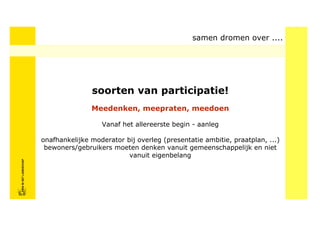 samen dromen over ....




                                           soorten van participatie!
                                           Meedenken, meepraten, meedoen

                                              Vanaf het allereerste begin - aanleg

                            onafhankelijke moderator bij overleg (presentatie ambitie, praatplan, ...)
                             bewoners/gebruikers moeten denken vanuit gemeenschappelijk en niet
                                                      vanuit eigenbelang
FRISFRIS IN HET LANDSCHAP
     IN HET LANDSCHAP
 