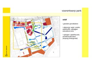 voorontwerp park



                            reliëf

                            • gesloten grondbalans

                            • afgraving: water, poelen,
                            waterbuffer, afplaggen
                            educatieve zone

                            • ophogen: speelheuvels,
                            architecturale talud
                            (knipoog fortengordel)
FRISFRIS IN HET LANDSCHAP
     IN HET LANDSCHAP
 
