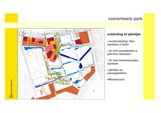 voorontwerp park



                            ontsluiting en pleintjes

                            • hoofdontsluiting: fiets-
                            wandelas in beton

                            • 2e orde wandelpaden in
                            gebroken betonpuin

                            • 3e orde indianenpaadjes
                            spontaan

                            • pleintjes op
                            passageplekken
FRISFRIS IN HET LANDSCHAP




                            •Wandelussen
     IN HET LANDSCHAP
 