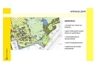 ontwerp park



                            speelnatuur

                            • vrij spel voor natuur en
                            kinderen

                            • geen harde grens tussen
                            natuur en speelnatuur

                            • verscheidenheid in
                            seizoensbeeld

                            • extra composteerzones

                            • waterzone bij honden
FRISFRIS IN HET LANDSCHAP




                            uitloopweide
     IN HET LANDSCHAP
 