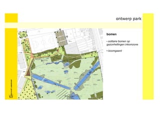 ontwerp park



                            bomen

                            • solitaire bomen op
                            gazonhellingen inkomzone

                            • boomgaard
FRISFRIS IN HET LANDSCHAP
     IN HET LANDSCHAP
 