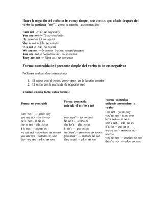 Hacer la negación del verbo to be es muy simple, solo tenemos que añadir después del
verbo la partícula ”not”, como se muestra a continuación:
I am not -> Yo no soy/estoy
You are not -> Tú no eres/estás
He is not -> Él no es/está
She is not -> Ella no es/está
It is not -> Ello no es/está
We are not -> Nosotros (-as) no somos/estamos
You are not -> Vosotros(-as) no sois/estáis
They are not -> Ellos(-as) no son/están
Forma contraída del presente simple del verbo to be en negativo:
Podemos realizar dos contracciones:
1. El sujeto con el verbo, como vimos en la lección anterior
2. El verbo con la partícula de negación not.
Veamos en una tabla estas formas:
Forma no contraída
Forma contraída
uniendo el verbo y not
Forma contraída
uniendo pronombre y
verbo
I am not ----- yo no soy
you are not – tú no eres
he is not – él no es
she is not – ella no es
it is not --- eso no es
we are not – nosotros no somos
you are not – ustedes no son
they are not – ellos no son
you aren’t – tu no eres
he isn’t --- él no es
she isn’t – ella no es
it isn’t --- eso no es
we aren’t – nosotros no somos
you aren’t --- ustedes no son
they aren’t – ellos no son
I’m not – yo no soy
you’re not – tu no eres
he’s not---- él no es
she’s not--- elle no es
it’s not – eso no es
we’re not – nosotros no
somos
you’re not --- ustedes no son
they’re not --- ellos no son
 